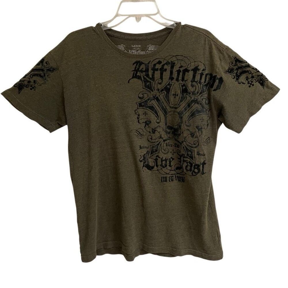 Affliction Y2K Live Fast Velvet Graphic T-shirt men’s L grunge skull olive green